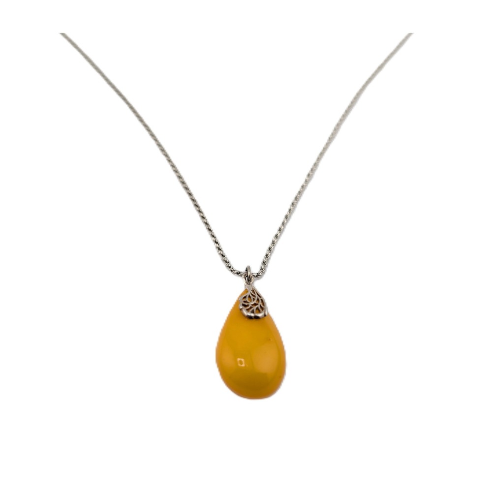 Vintage Yellow Teardrop Amber Stone Pendant Necklace 23.5" Rope Chain Jewelry**